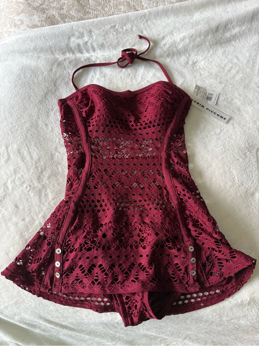 New Robin Piccone Crochet One-Piece Swimsuit Burgundy